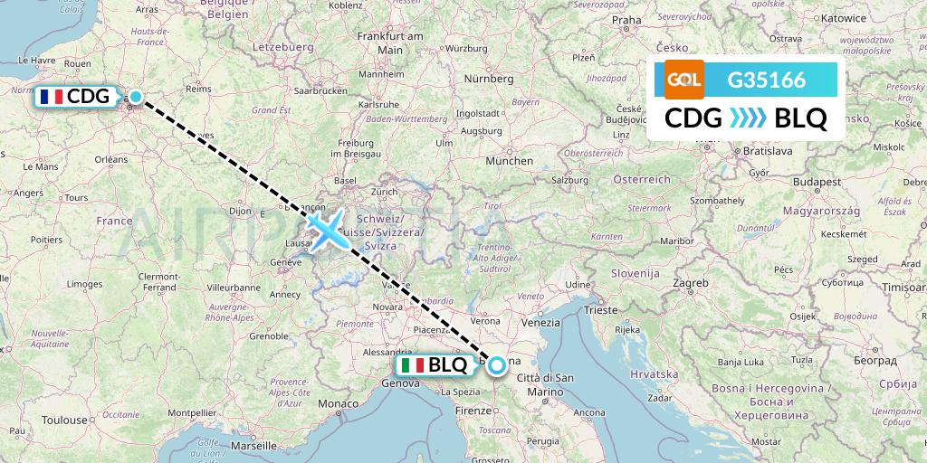 G35166 GOL Transportes Aeros Flight Map: Paris to Bologna