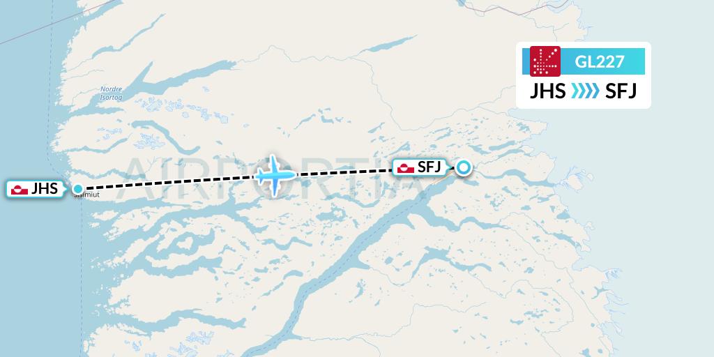 GL227 Air Greenland Flight Map: Sisimiut to Kangerlussuaq