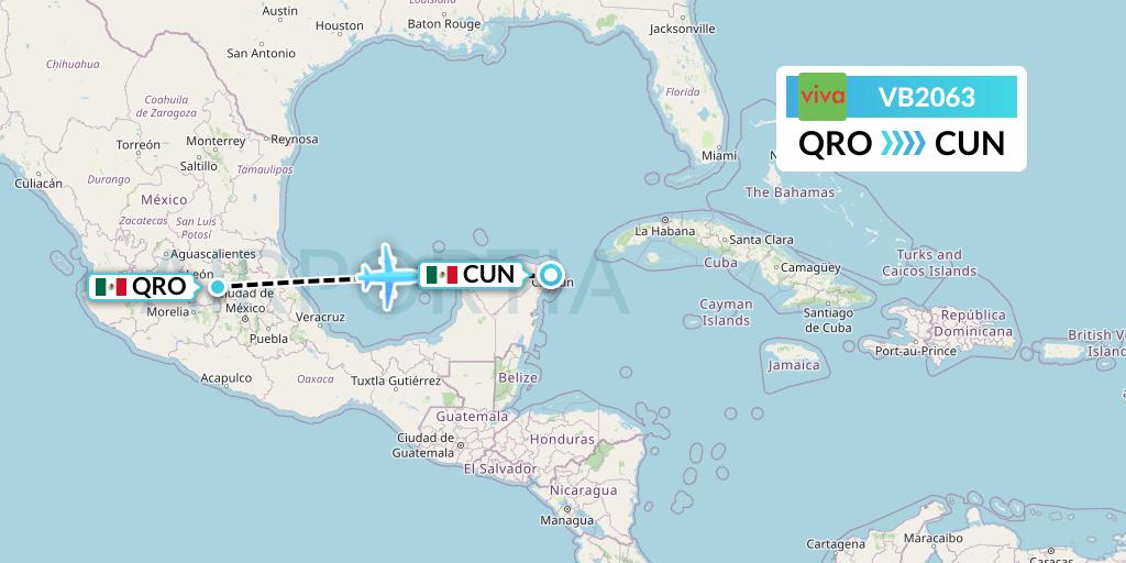 VB2063 VivaAerobus Flight Map: Queretaro to Cancun