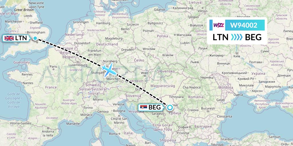 W94002 Wizz Air UK Flight Map: London to Belgrade