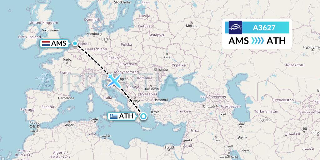 A3627 Aegean Airlines Flight Map: Amsterdam to Athens