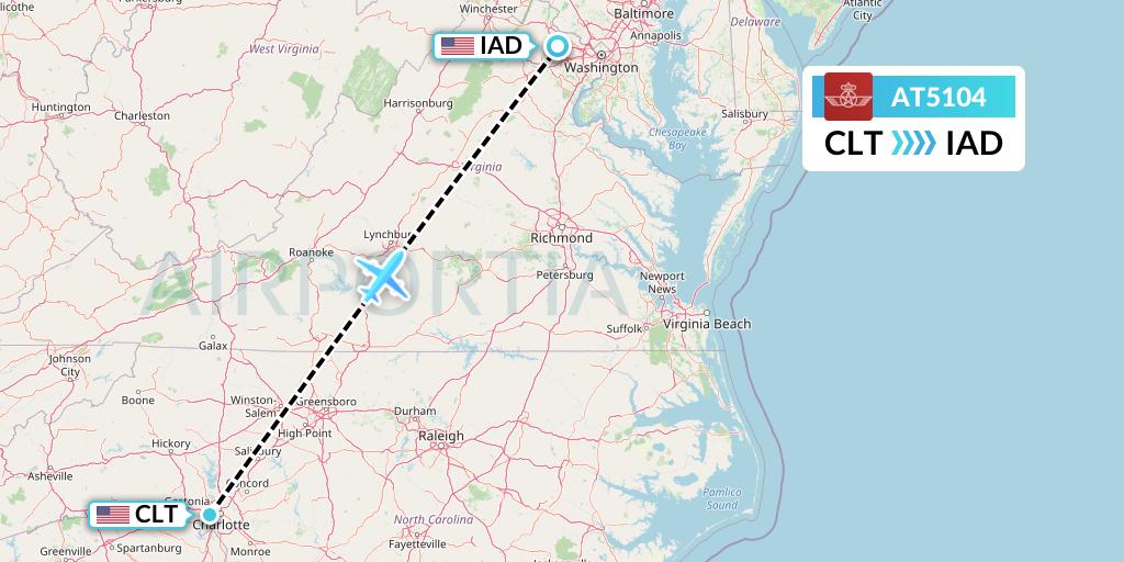 AT5104 Royal Air Maroc Flight Map: Charlotte to Washington