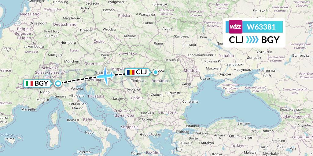 W63381 Wizz Air Flight Map: Cluj-Napoca to Milan
