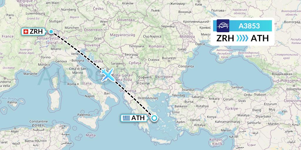 A3853 Aegean Airlines Flight Map: Zurich to Athens