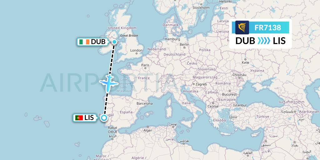 FR7138 Ryanair Flight Map: Dublin to Lisbon