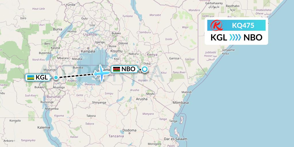KQ475 Kenya Airways Flight Map: Kigali to Nairobi