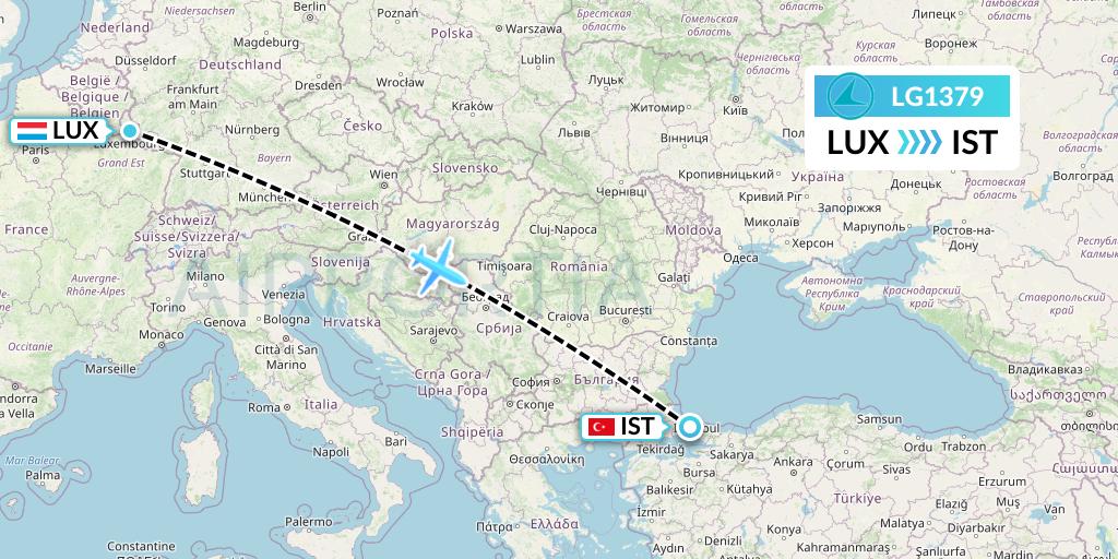 LG1379 Luxair Flight Map: Luxembourg to Istanbul