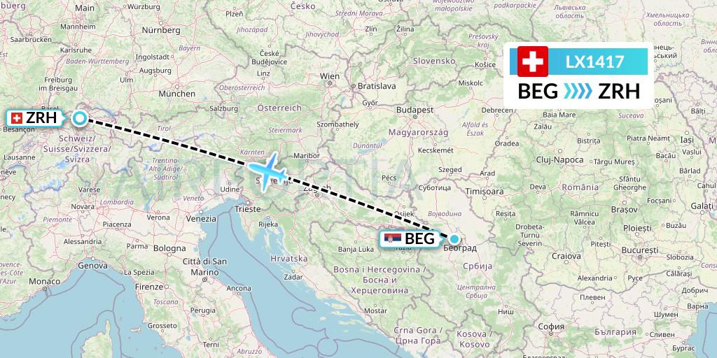 LX1417 Swiss Flight Map: Belgrade to Zurich