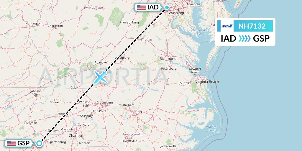 NH7132 All Nippon Airways Flight Map: Washington to Greenville-Spartanburg