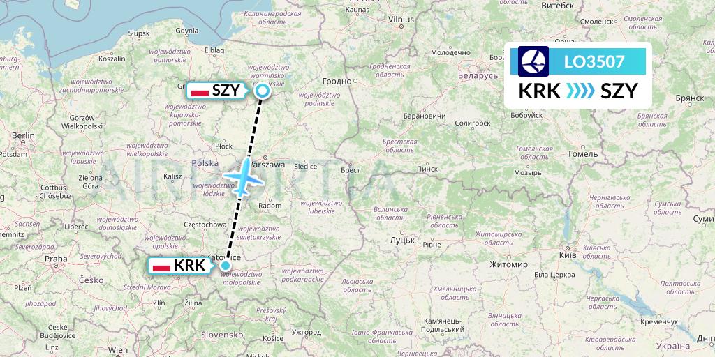 LO3507 LOT Flight Map: Krakow to Olsztyn