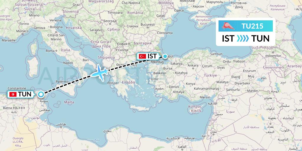 TU215 Tunisair Flight Map: Istanbul to Tunis