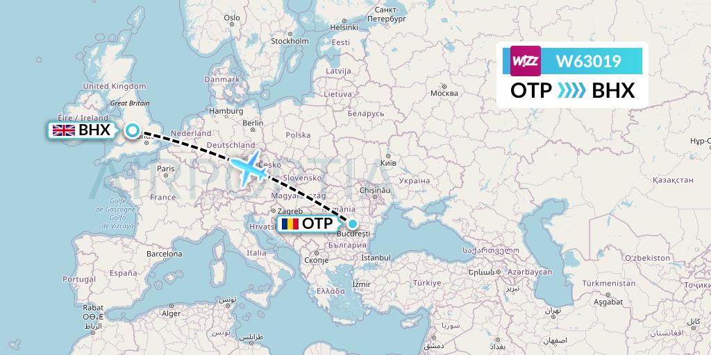 W63019 Wizz Air Flight Map: Bucharest to Birmingham