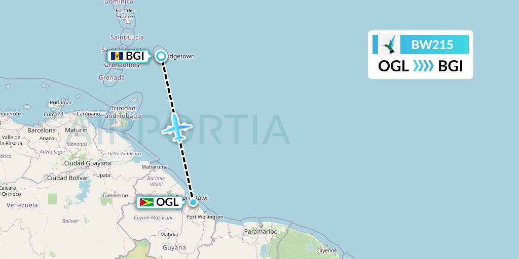 BW215 Caribbean Airlines Flight Map: Georgetown to Bridgetown