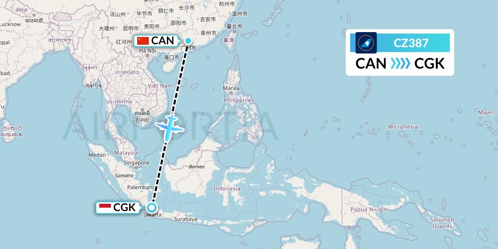 CZ387 China Southern Airlines Flight Map: Guangzhou to Jakarta