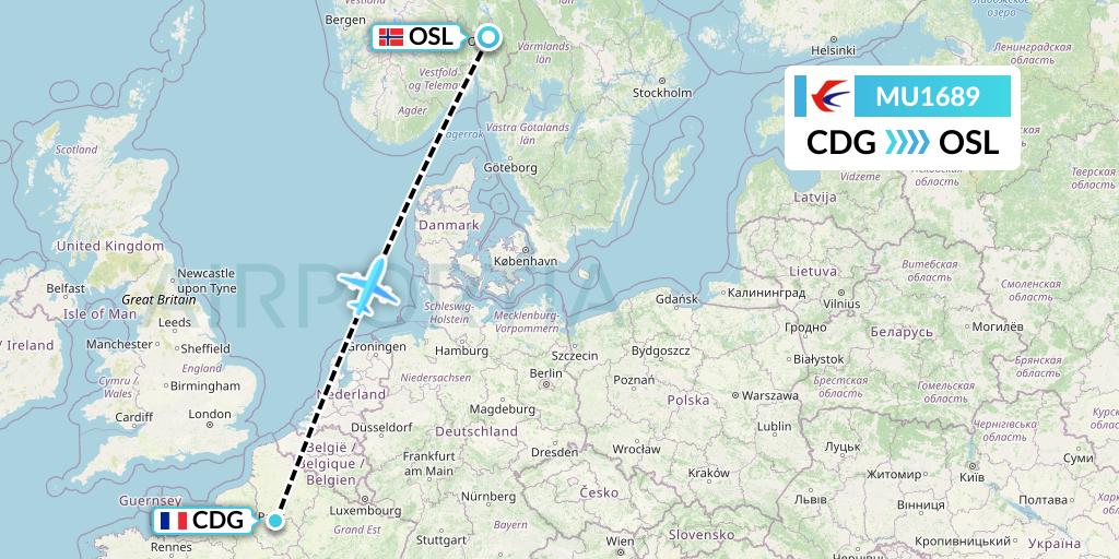 MU1689 China Eastern Airlines Flight Map: Paris to Oslo