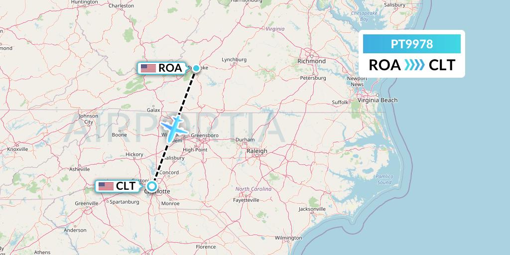 PT9978 Piedmont Airlines Flight Map: Roanoke to Charlotte