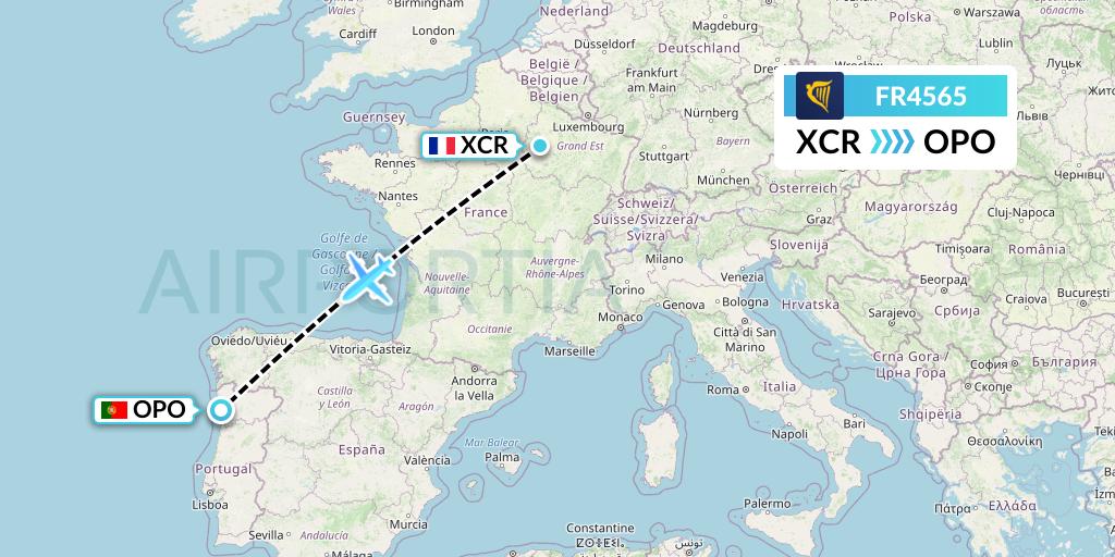 FR4565 Ryanair Flight Map: Paris to Porto