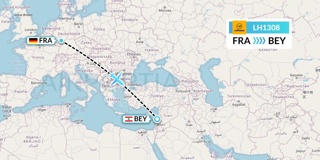 LH1308 Lufthansa Flight Map: Frankfurt to Beirut