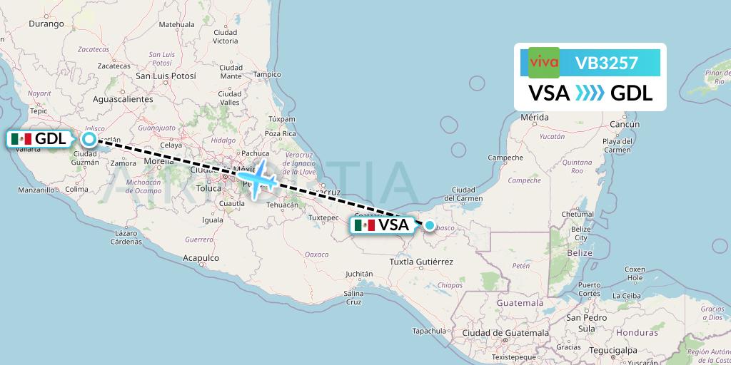VB3257 VivaAerobus Flight Map: Villahermosa to Guadalajara