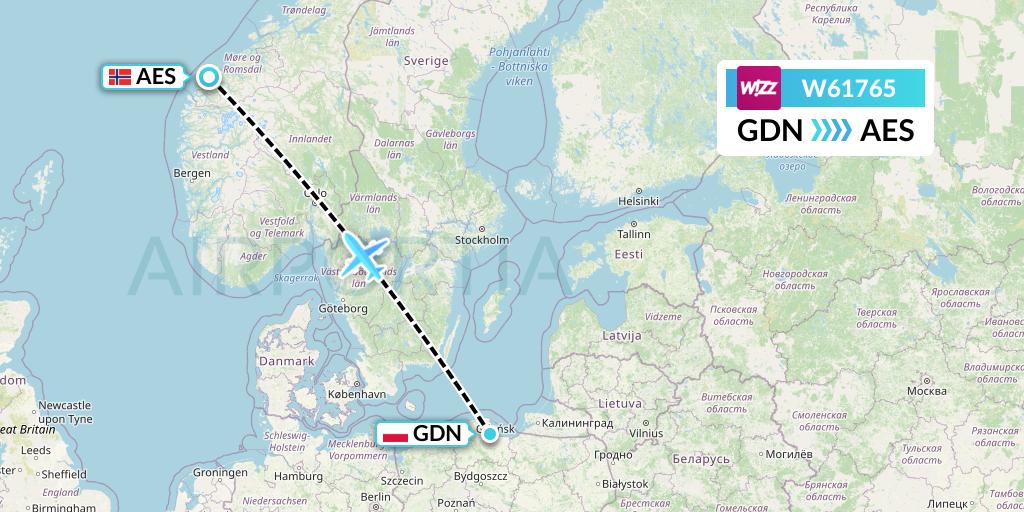 W61765 Wizz Air Flight Map: Gdansk to Alesund