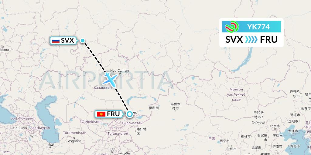 YK774 Avia Traffic Flight Map: Yekaterinburg to Bishkek