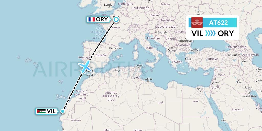 AT622 Royal Air Maroc Flight Map: Dakhla to Paris