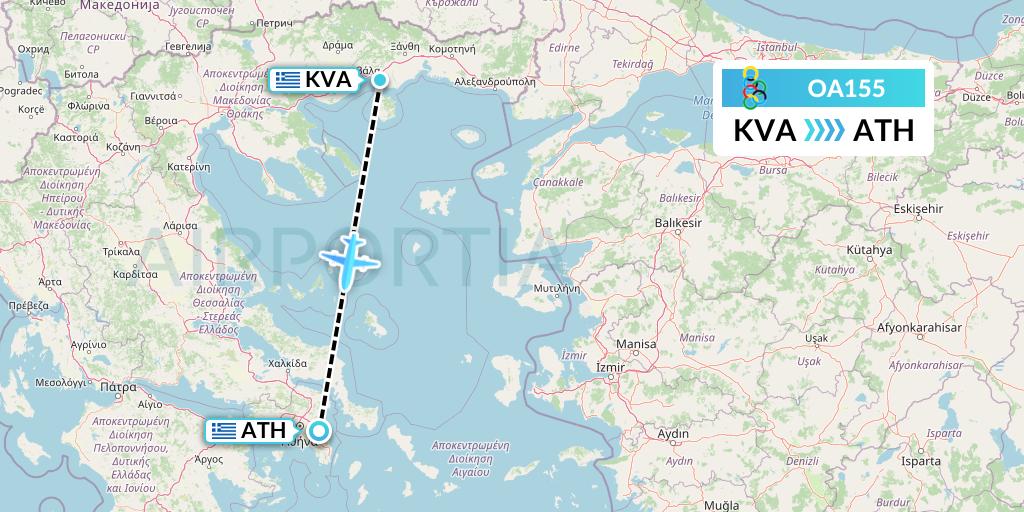 OA155 Olympic Air Flight Map: Kavala to Athens