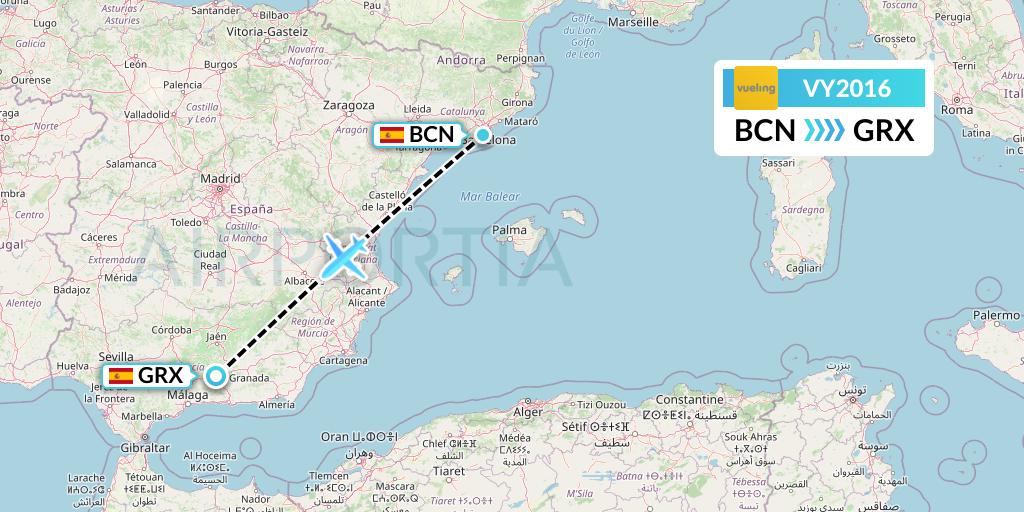 VY2016 Vueling Flight Map: Barcelona to Granada