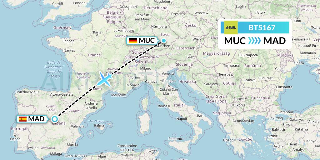BT5167 Air Baltic Flight Map: Munich to Madrid