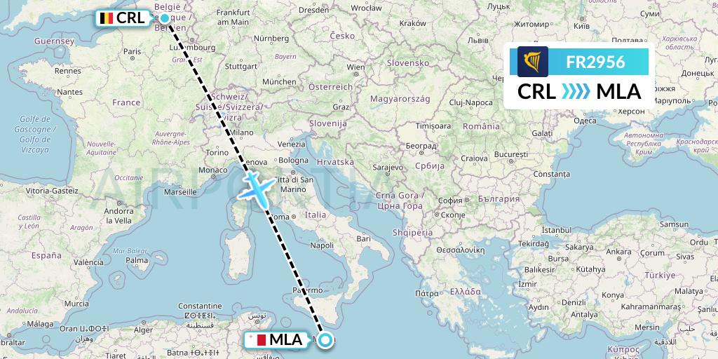 FR2956 Ryanair Flight Map: Brussels to Malta