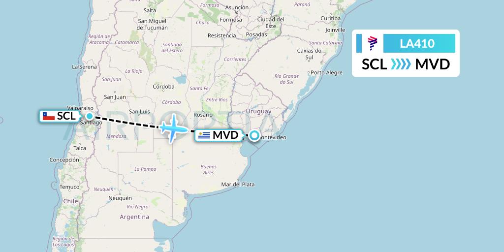 LA410 LAN Airlines Flight Map: Santiago to Montevideo