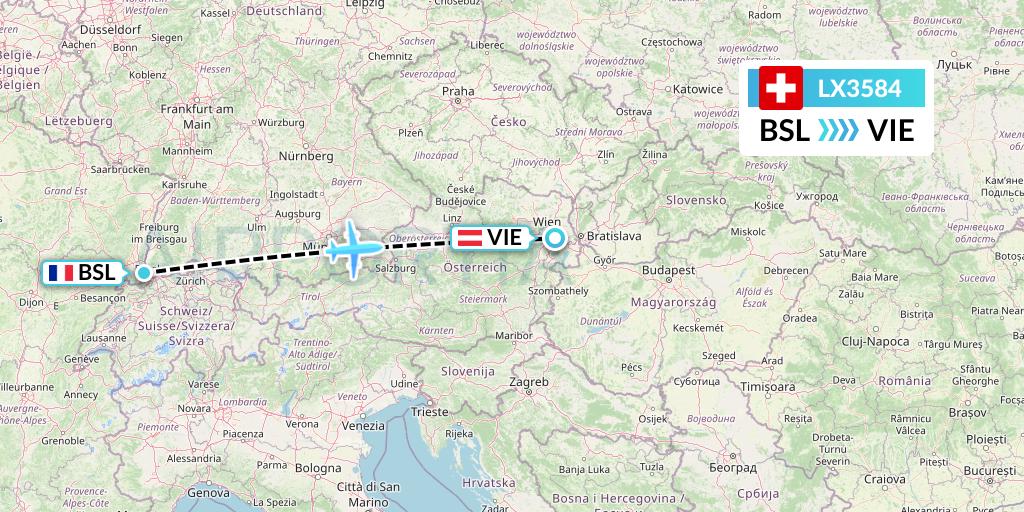 LX3584 Swiss Flight Map: Basel to Vienna