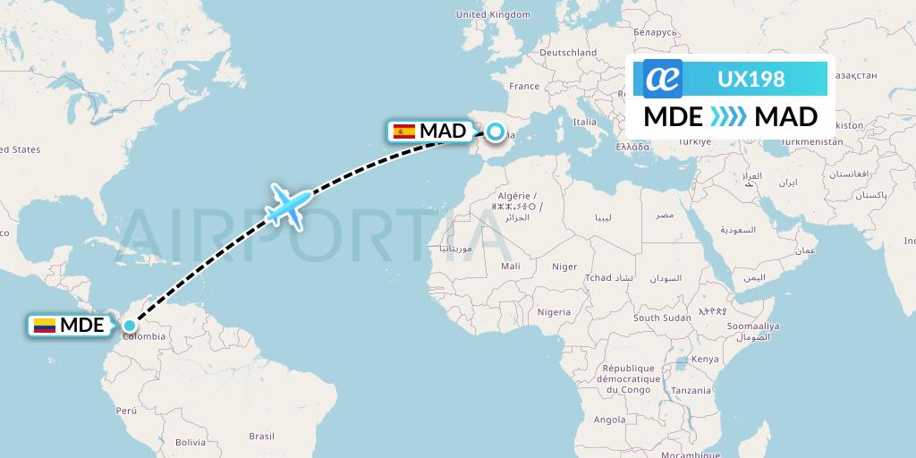UX198 Air Europa Flight Map: Medellin to Madrid
