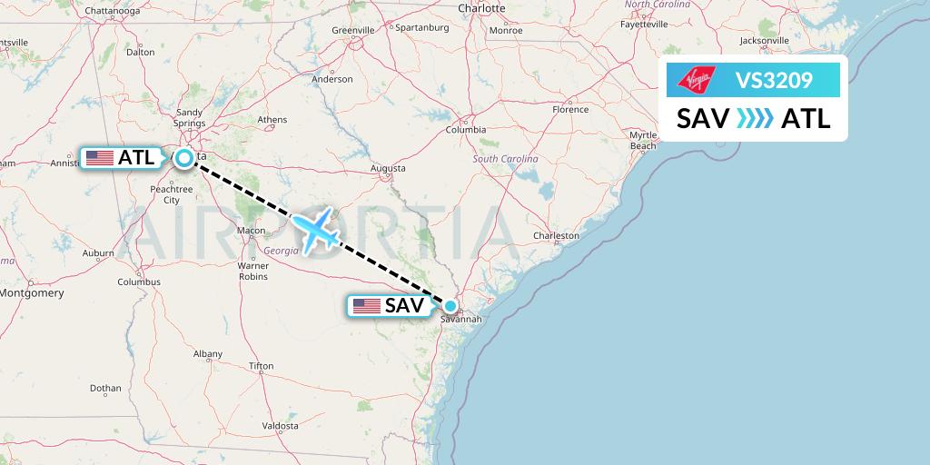 VS3209 Virgin Atlantic Airways Flight Map: Savannah to Atlanta