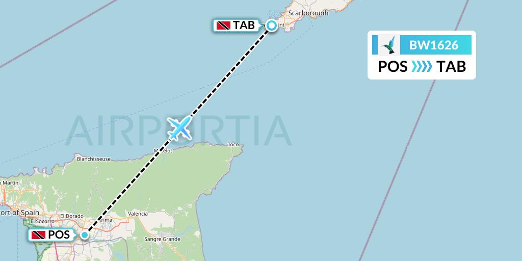 BW1626 Caribbean Airlines Flight Map: Port of Spain to Scarborough