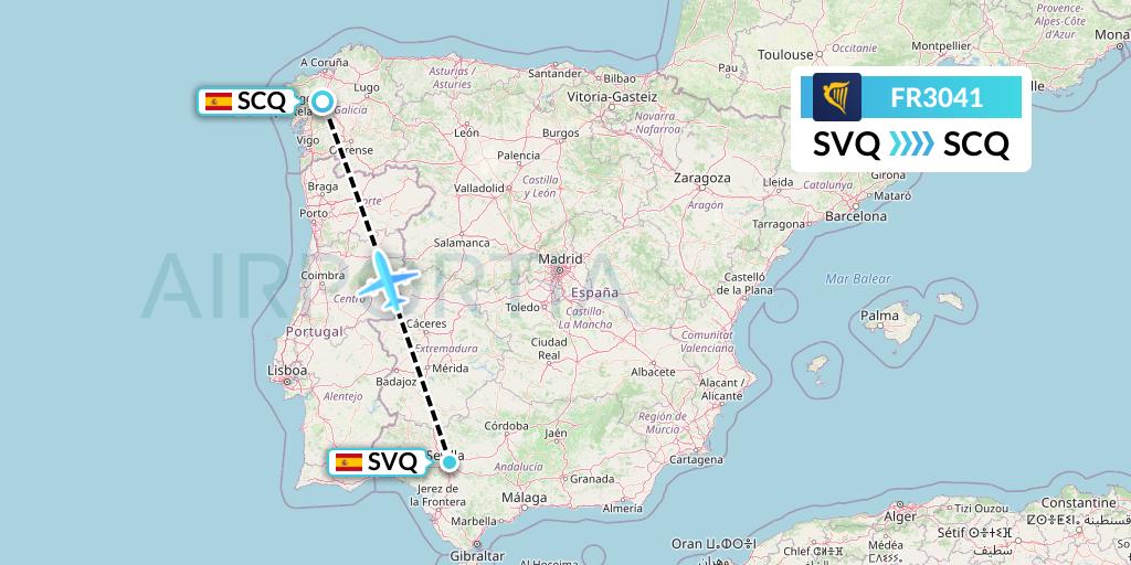 FR3041 Ryanair Flight Map: Seville to Santiago