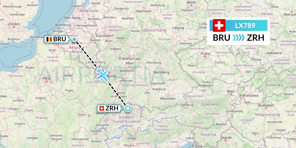 LX789 Swiss Flight Map: Brussels to Zurich