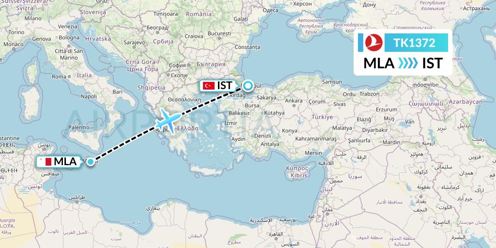 TK1372 Turkish Airlines Flight Map: Malta to Istanbul