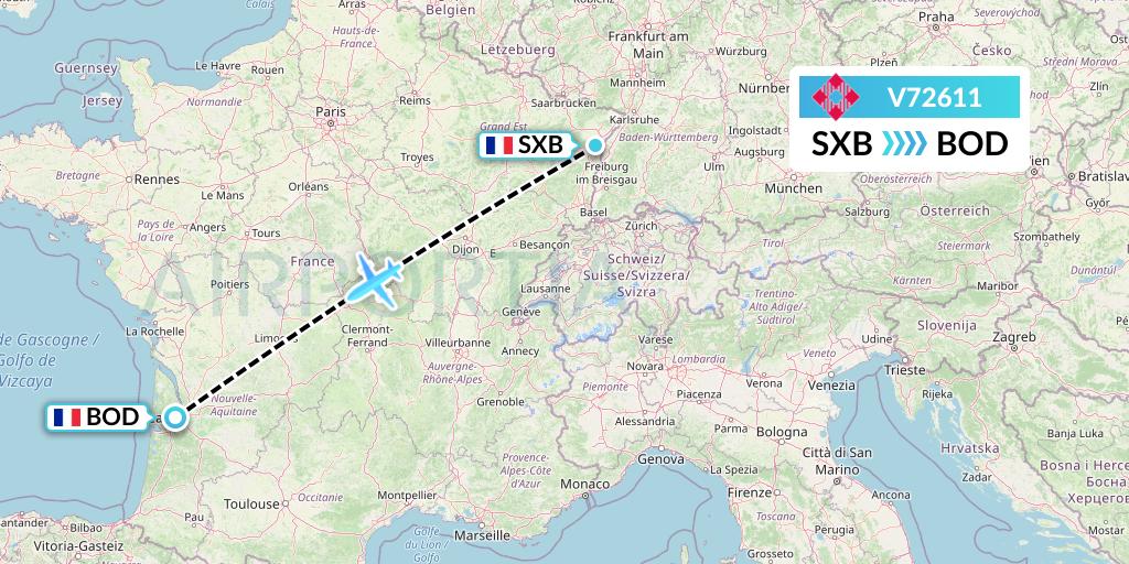 V72611 Volotea Flight Map: Strasbourg to Bordeaux
