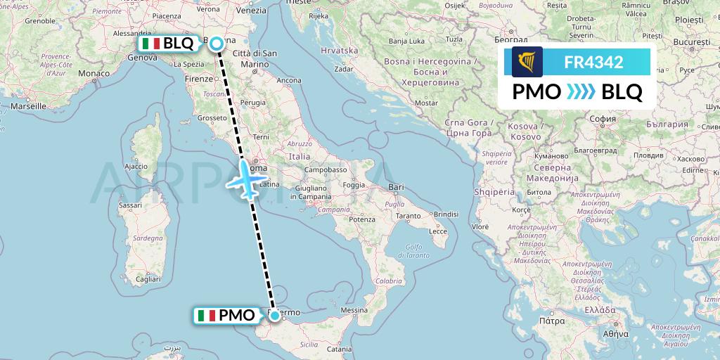 FR4342 Ryanair Flight Map: Palermo to Bologna