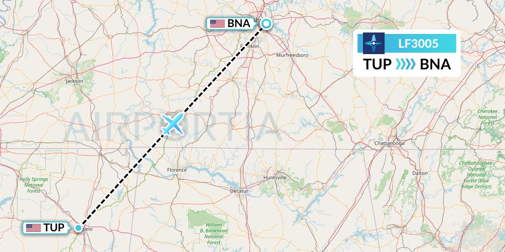 LF3005 Corporate Flight Management Flight Map: Tupelo to Nashville