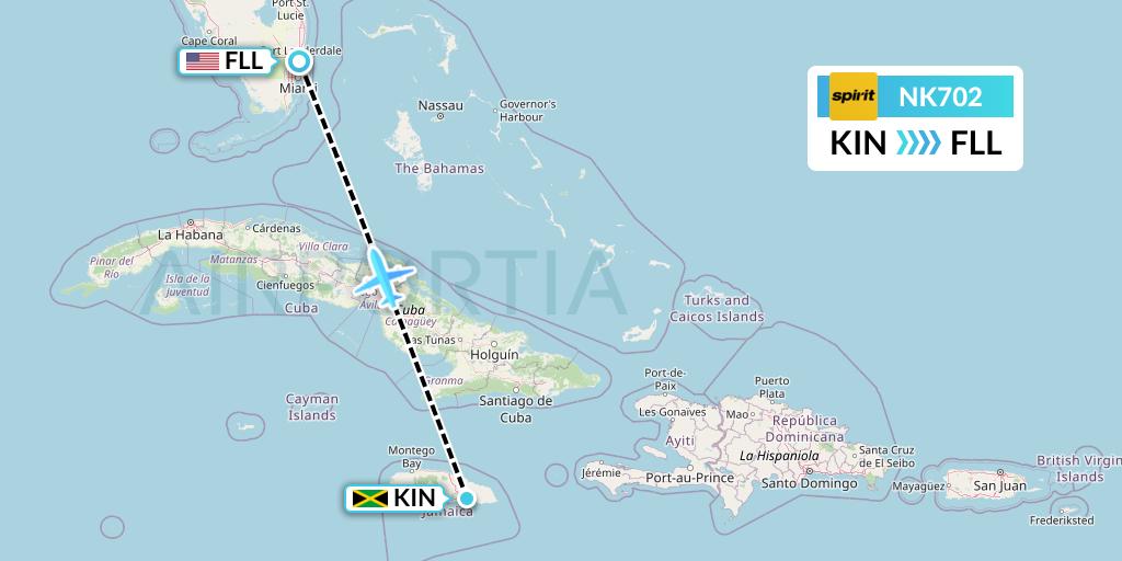 NK702 Spirit Airlines Flight Map: Kingston to Fort Lauderdale