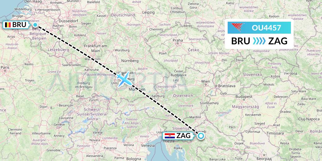OU4457 Croatia Airlines Flight Map: Brussels to Zagreb