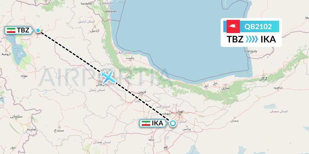QB2102 Qeshm Airlines Flight Map: Tabriz to Tehran