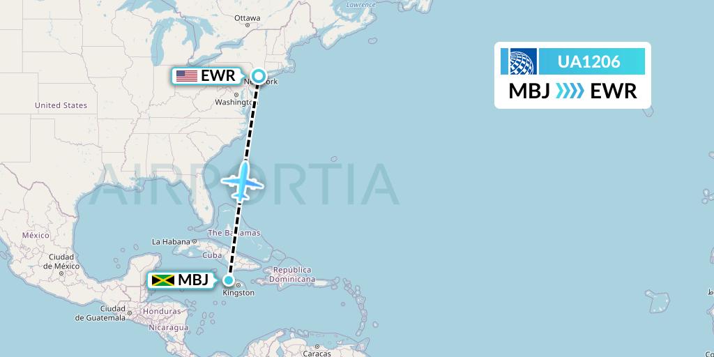 UA1206 United Airlines Flight Map: Montego Bay to New York