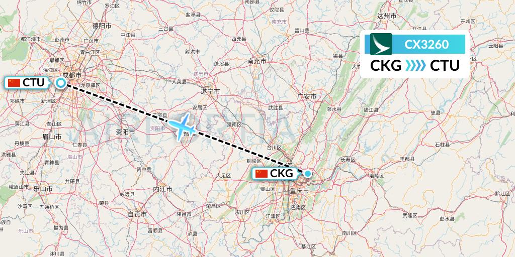 CX3260 Cathay Pacific Flight Map: Chongqing to Chengdu