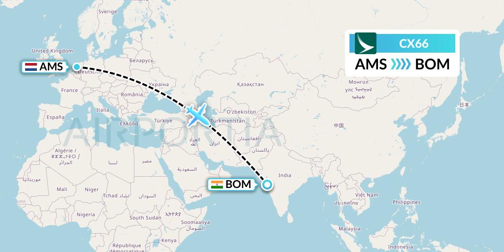 CX66 Cathay Pacific Flight Map: Amsterdam to Mumbai