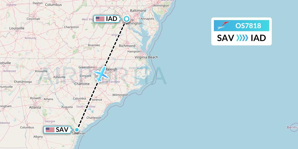 OS7818 Austrian Airlines Flight Map: Savannah to Washington