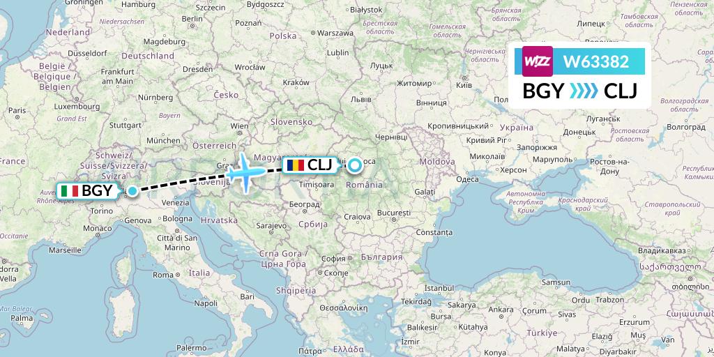 W63382 Wizz Air Flight Map: Milan to Cluj-Napoca