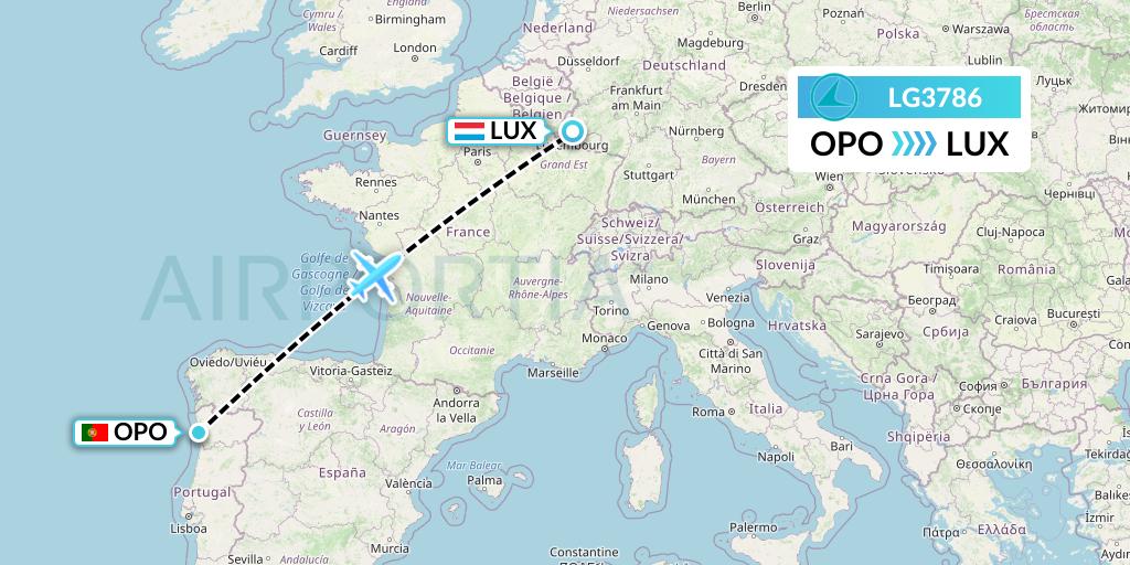 LG3786 Luxair Flight Map: Porto to Luxembourg
